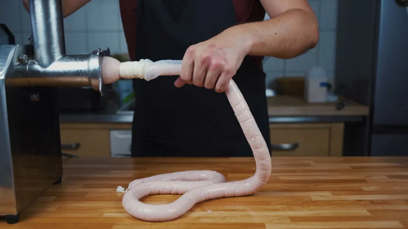 Thuringian Bratwurst: stuffing the casing