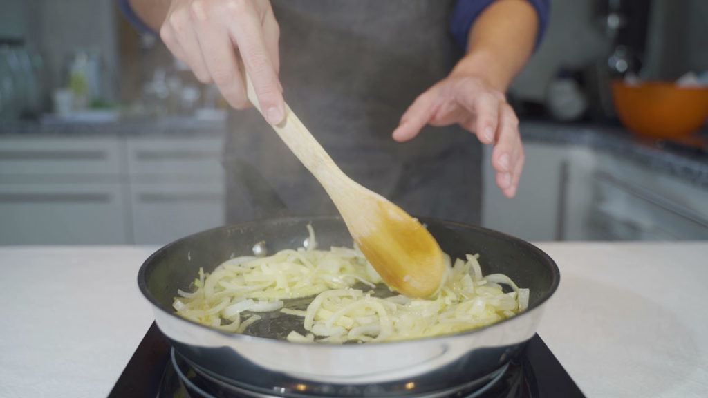 Frying onions until translucent for Bregenwurst