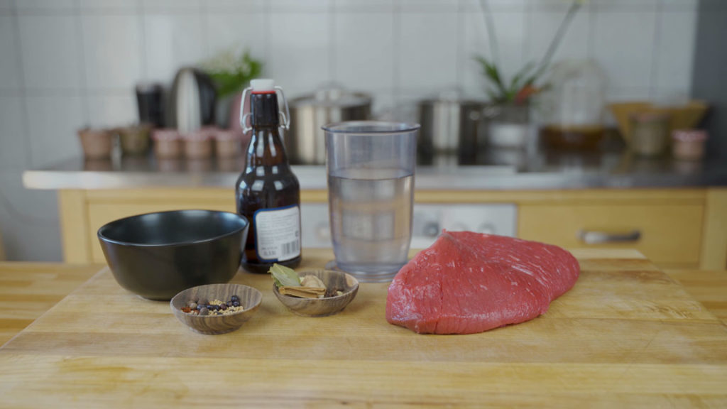 All the corned beef ingredients: beef brisket, salt, Cure #1, spices and beer