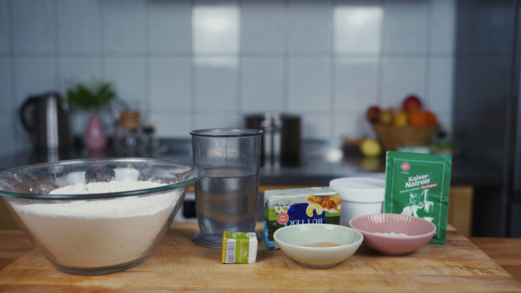 All the ingredients for homemade German pretzels