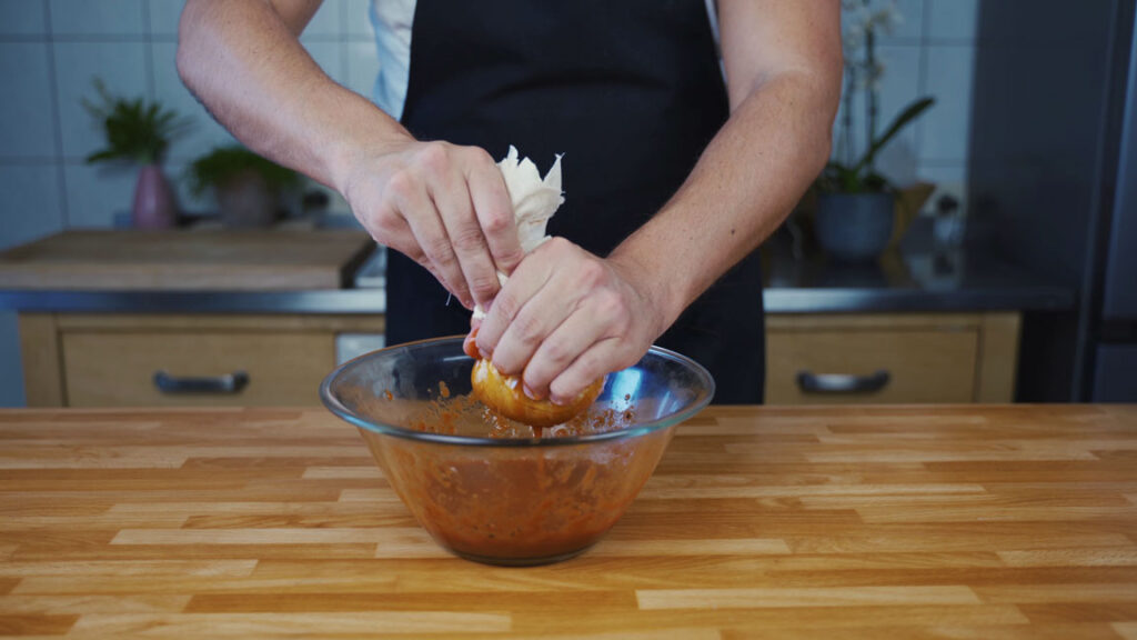 Straining the ketchup