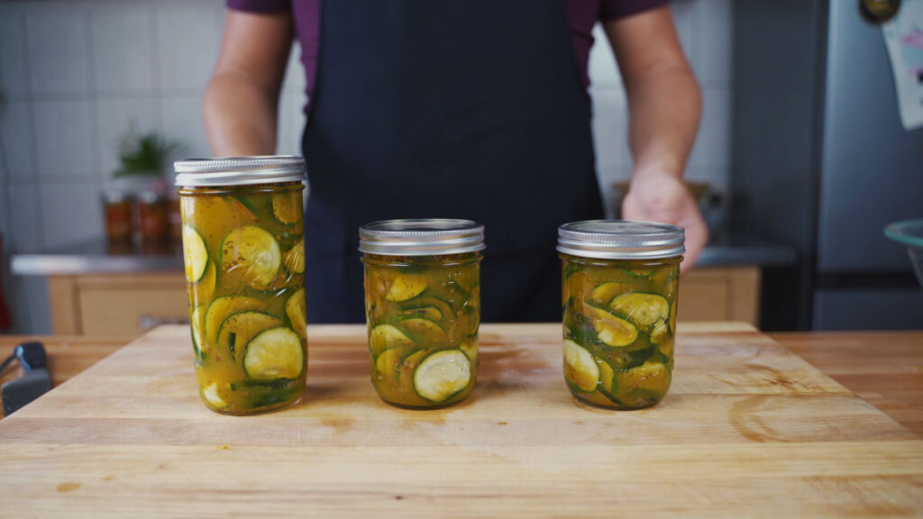 Finished jars of pickled zucchini