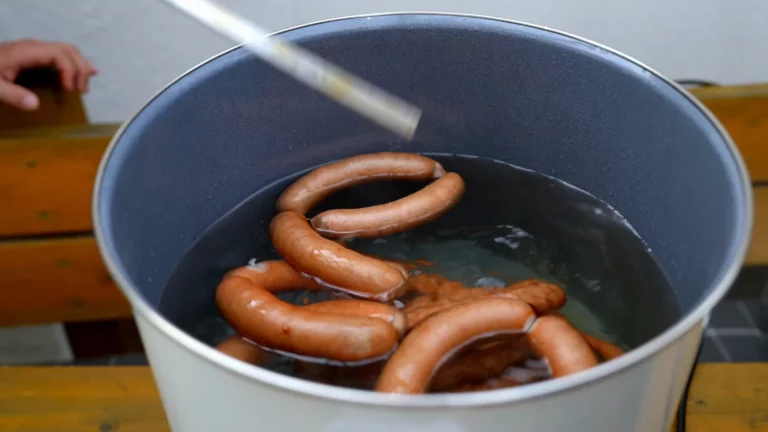 Smoked sausage rings poaching in a pot of hot water