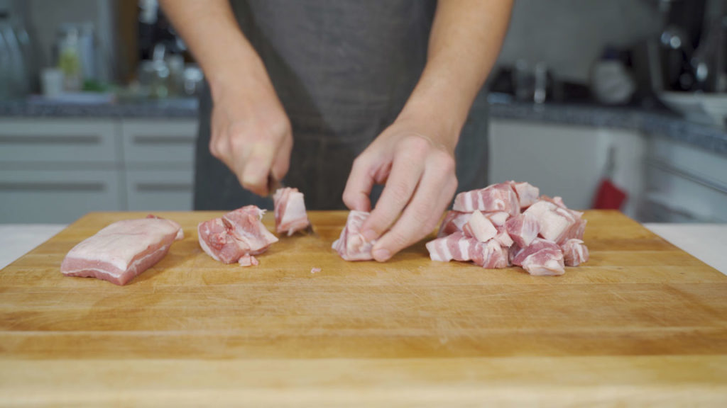 Pork belly cut into pieces for grinding smoked liverwurst