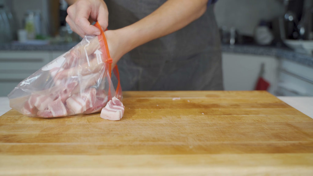Pork belly in a vacuum bag for smoked liverwurst