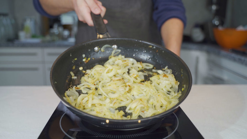Frying onions until translucent for smoked liverwurst