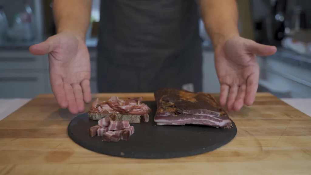 Finished smoked pork belly, sliced