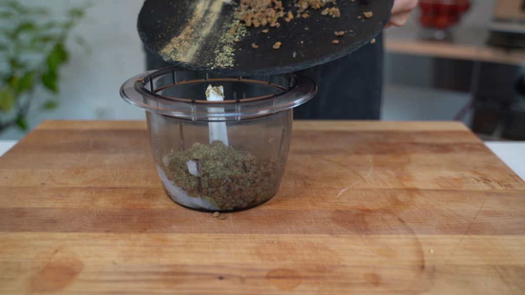 All the vegan liverwurst ingredients in a food processor