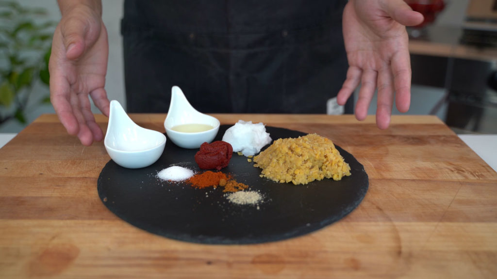 Vegan Teewurst ingredients: red lentils, refined coconut oil, tomato paste and seasonings