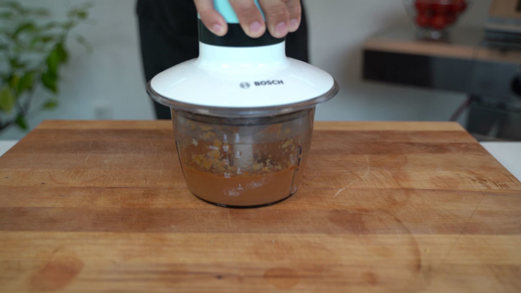 Blending vegan Teewurst until smooth