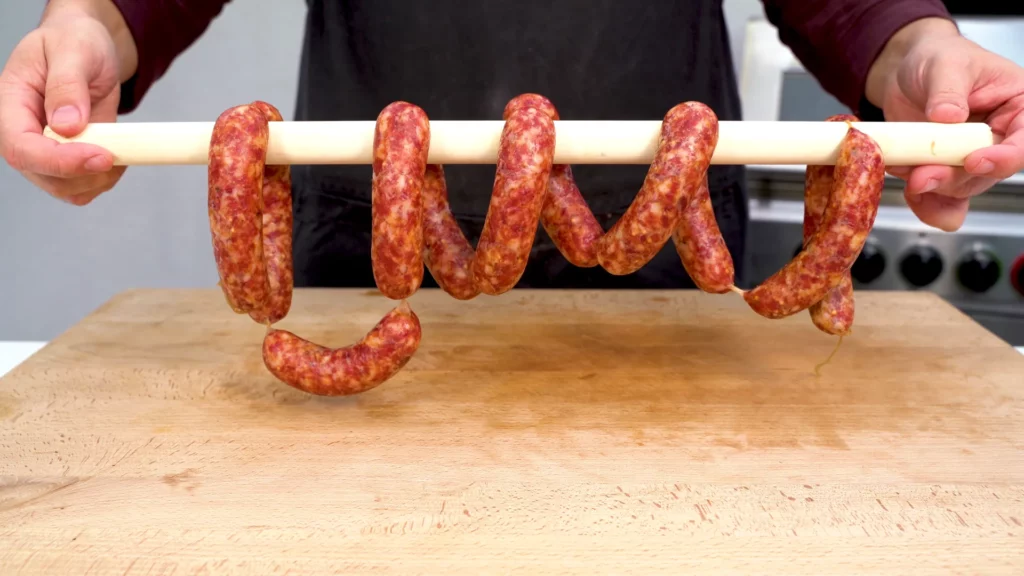 Mettenden sausages showing their cured red color
