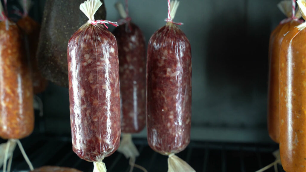 Beef salami after curing color development, with its typical red color